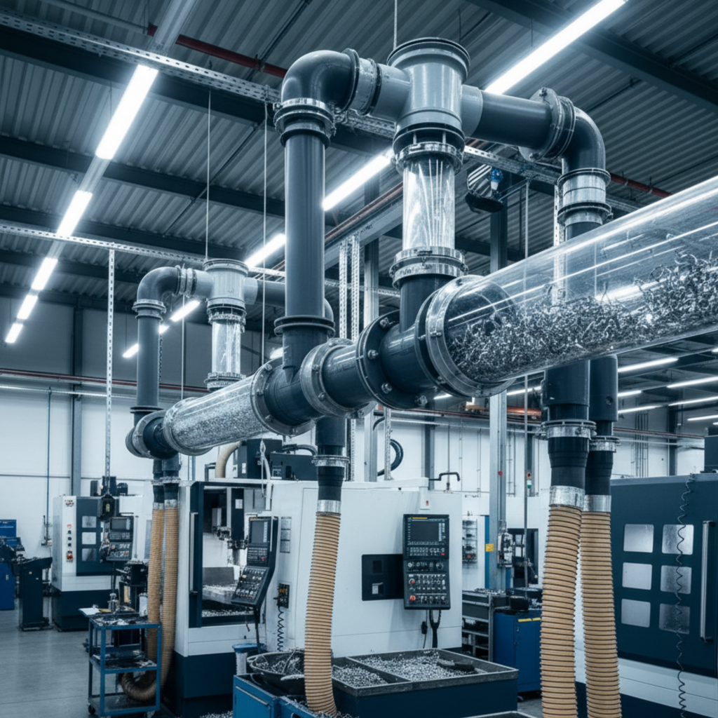 Zentral Verrohrung Späneabsaugung an CNC  Fräsen