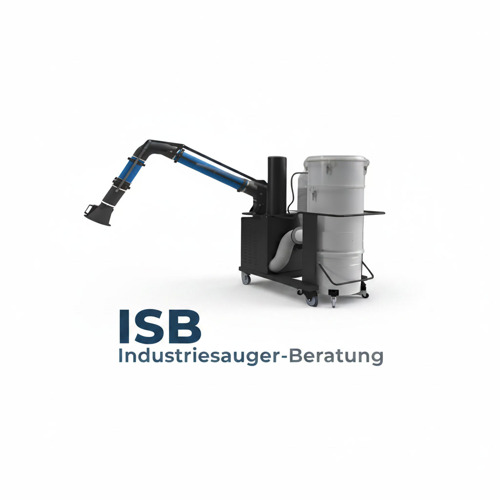 Industrial vacuum extraction system with a blue articulated arm and gray drum, logo reads 'ISB Industriesauger-Beratung' on white background.
